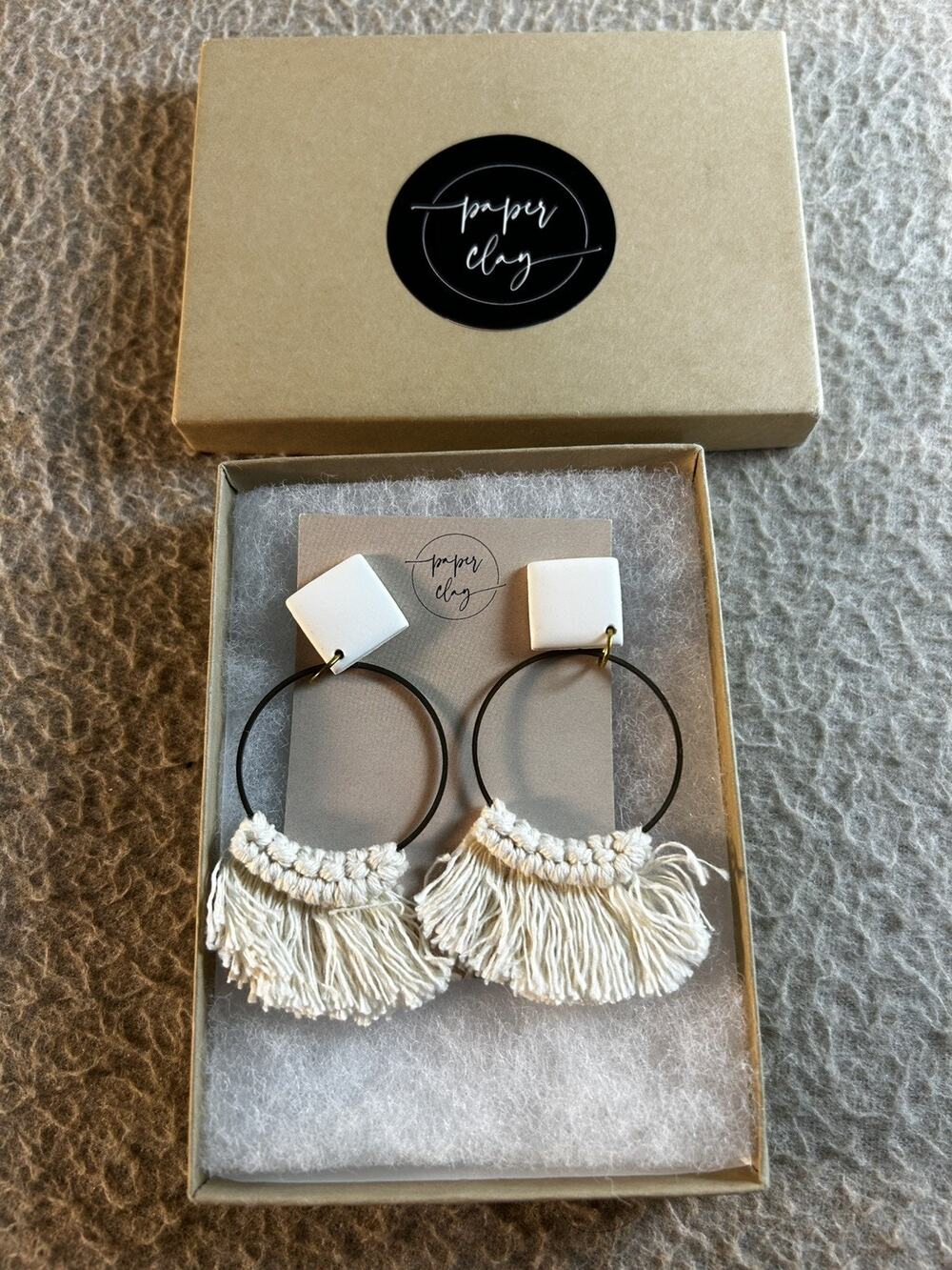 Paper Clay Boho Pierced Earrings Bohemian Dangle Fringe Hoop New
